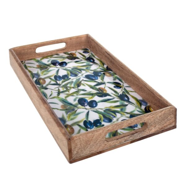 Bandeja rectangular de madera de mango con aceitunas