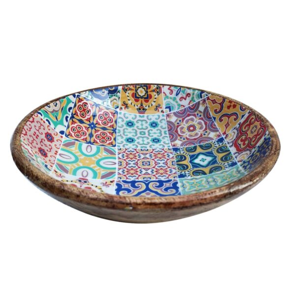 Cuenco grande de madera de mango con motivo de azulejos, 30 cm