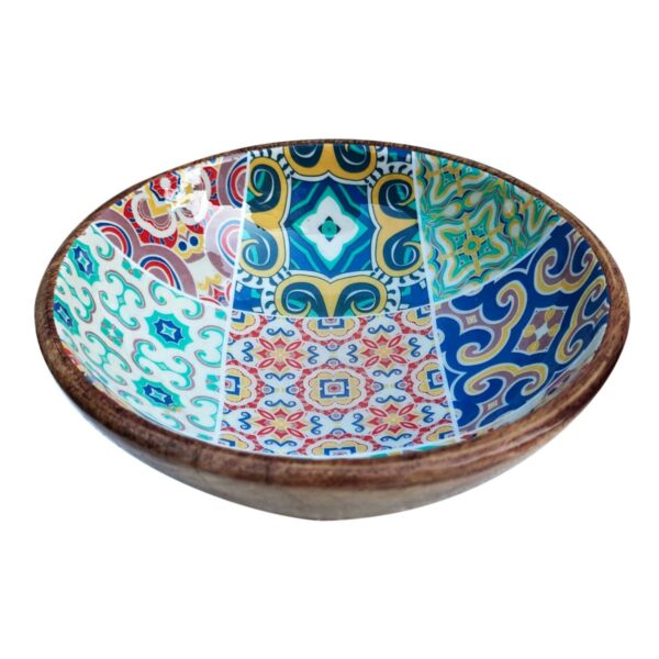 Cuenco mediano de madera de mango con motivo de azulejos, 19,5 cm