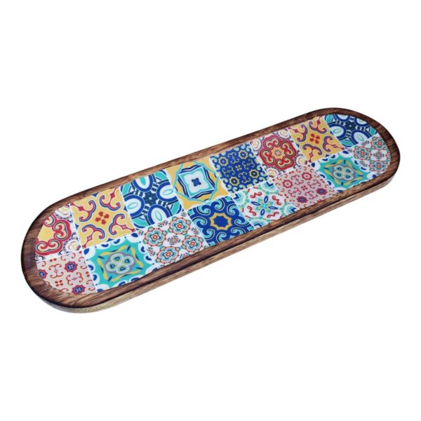 Fuente grande de madera de mango con motivo de azulejos, 45 cm
