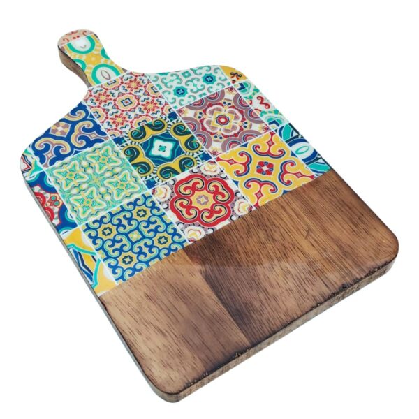 Tabla de cortar pequeña de madera de mango con motivo de azulejos, 33 cm