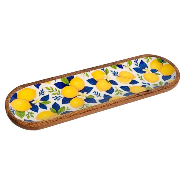 Fuente con limones de madera y resina, 44 × 14 cm