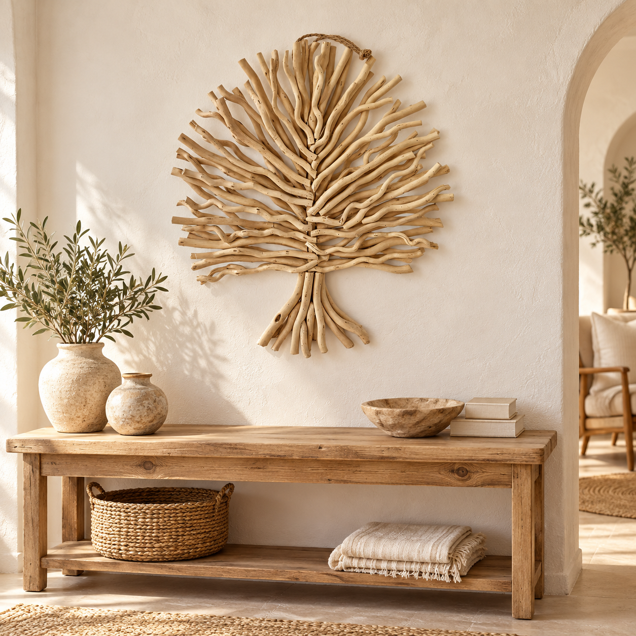 Árbol decorativo de pared de madera de morera, referencia 33108, en un ambiente interior mediterráneo