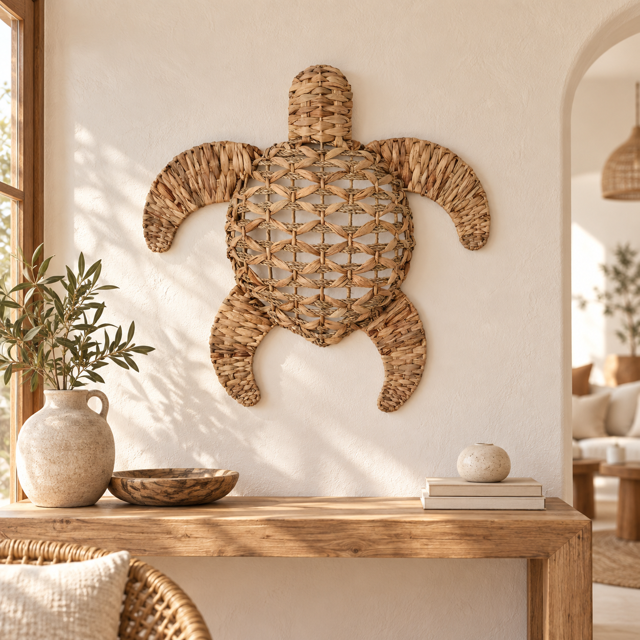 Tortuga grande decorativa de pared de jacinto de agua, referencia 36512, en un ambiente interior mediterráneo