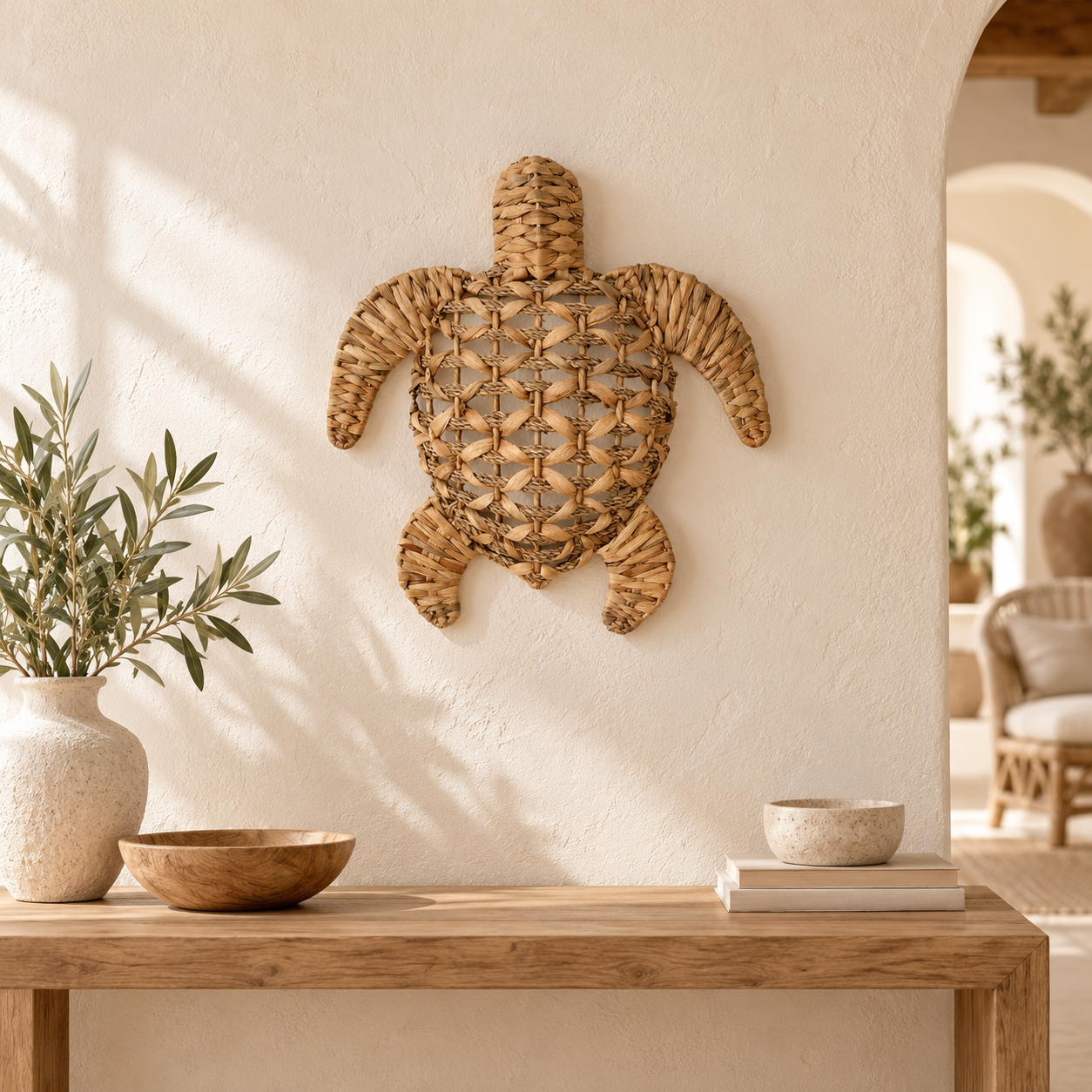 Tortuga pequeña decorativa de pared de jacinto de agua, referencia 36513, en un ambiente interior mediterráneo