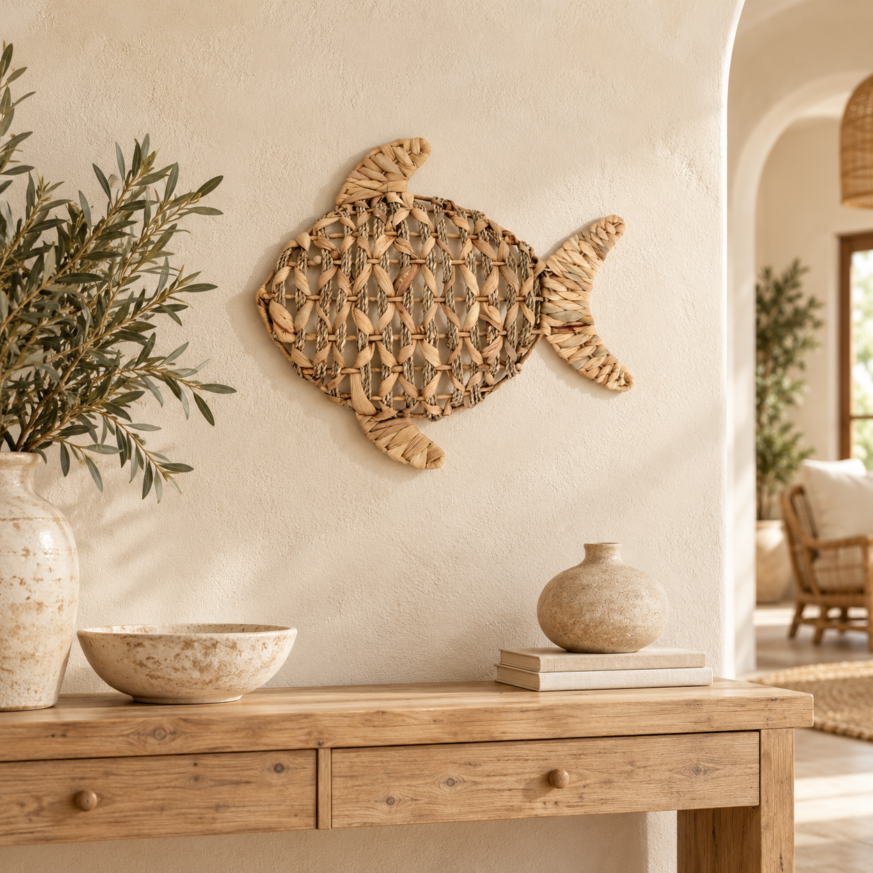 Pez pequeño decorativo de pared de jacinto de agua, referencia 37624, en un ambiente interior mediterráneo